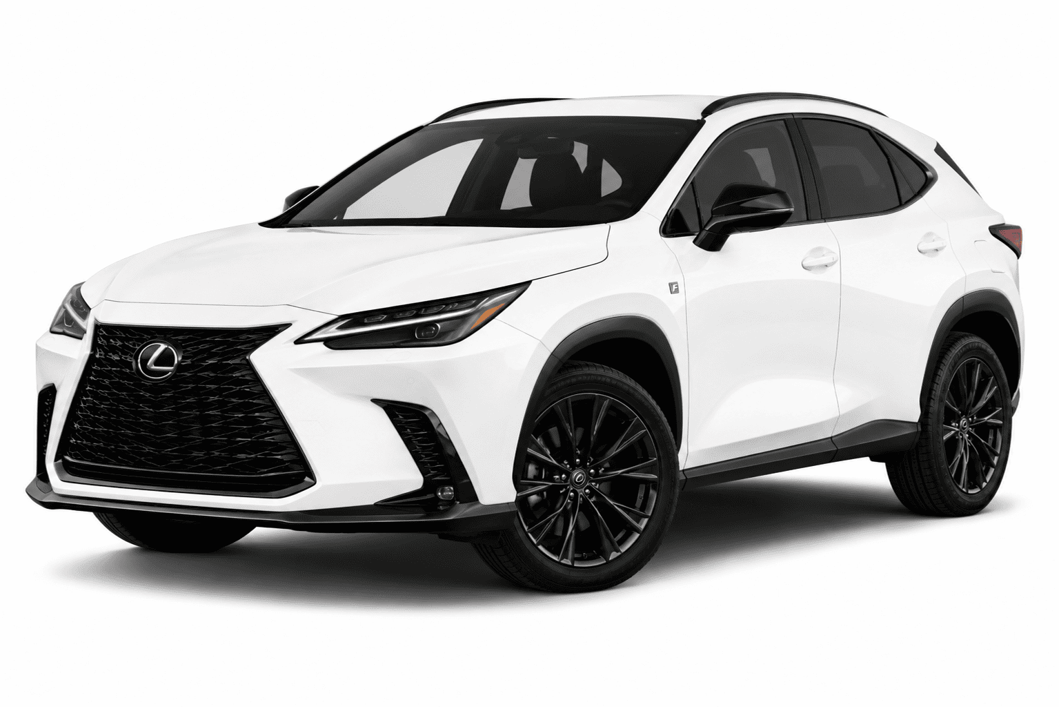 A white Lexus RX crossover SUV with black accents, including the grille, wheels, and window trim, photographed on a clean white background.