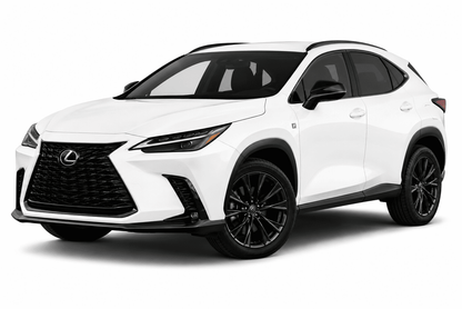 A white Lexus RX crossover SUV with black accents, including the grille, wheels, and window trim, photographed on a clean white background.