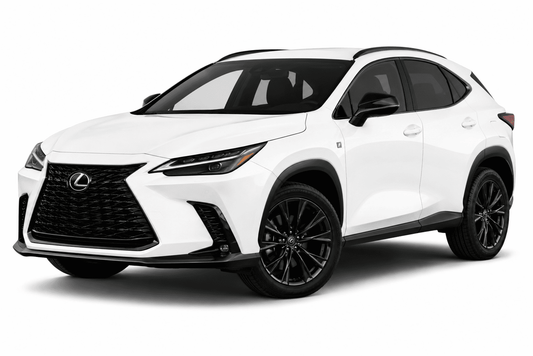 A white Lexus RX crossover SUV with black accents, including the grille, wheels, and window trim, photographed on a clean white background.