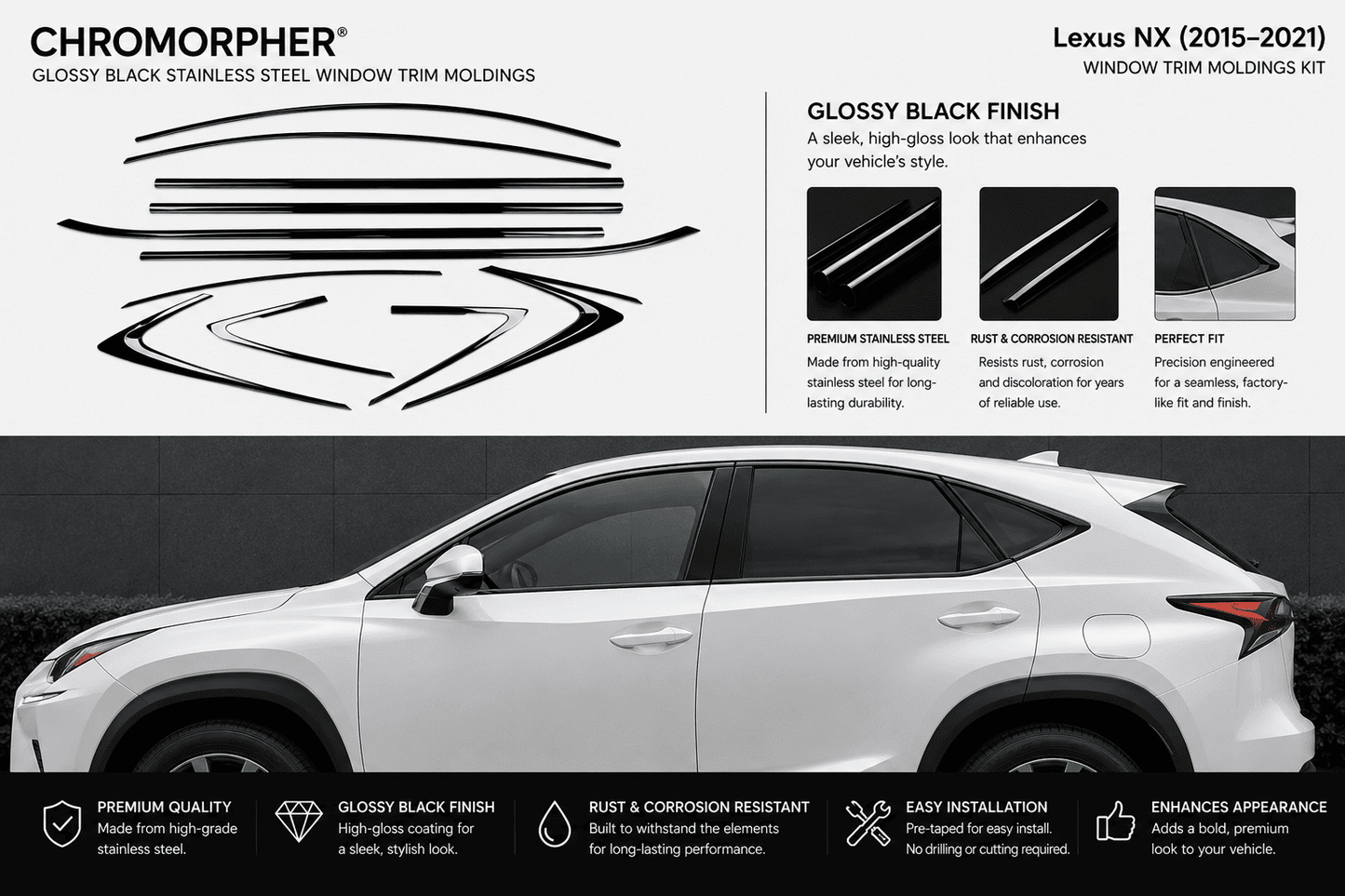 Promotional graphic for a Chromorphor Lexus NX (2015-2021) window trim molding kit. The top half features the Chromorphor brand name, product title, gloss black finish description, and a stylized illustration of the black molded trim pieces.