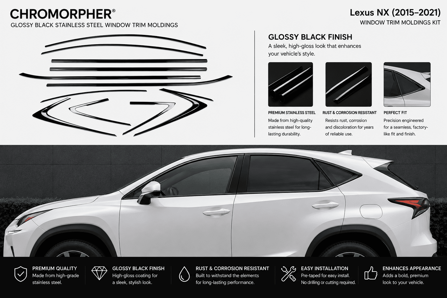 Promotional graphic for a Chromorphor Lexus NX (2015-2021) window trim molding kit. The top half features the Chromorphor brand name, product title, gloss black finish description, and a stylized illustration of the black molded trim pieces.