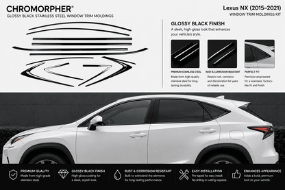 Promotional graphic for a Chromorphor Lexus NX (2015-2021) window trim molding kit. The top half features the Chromorphor brand name, product title, gloss black finish description, and a stylized illustration of the black molded trim pieces.