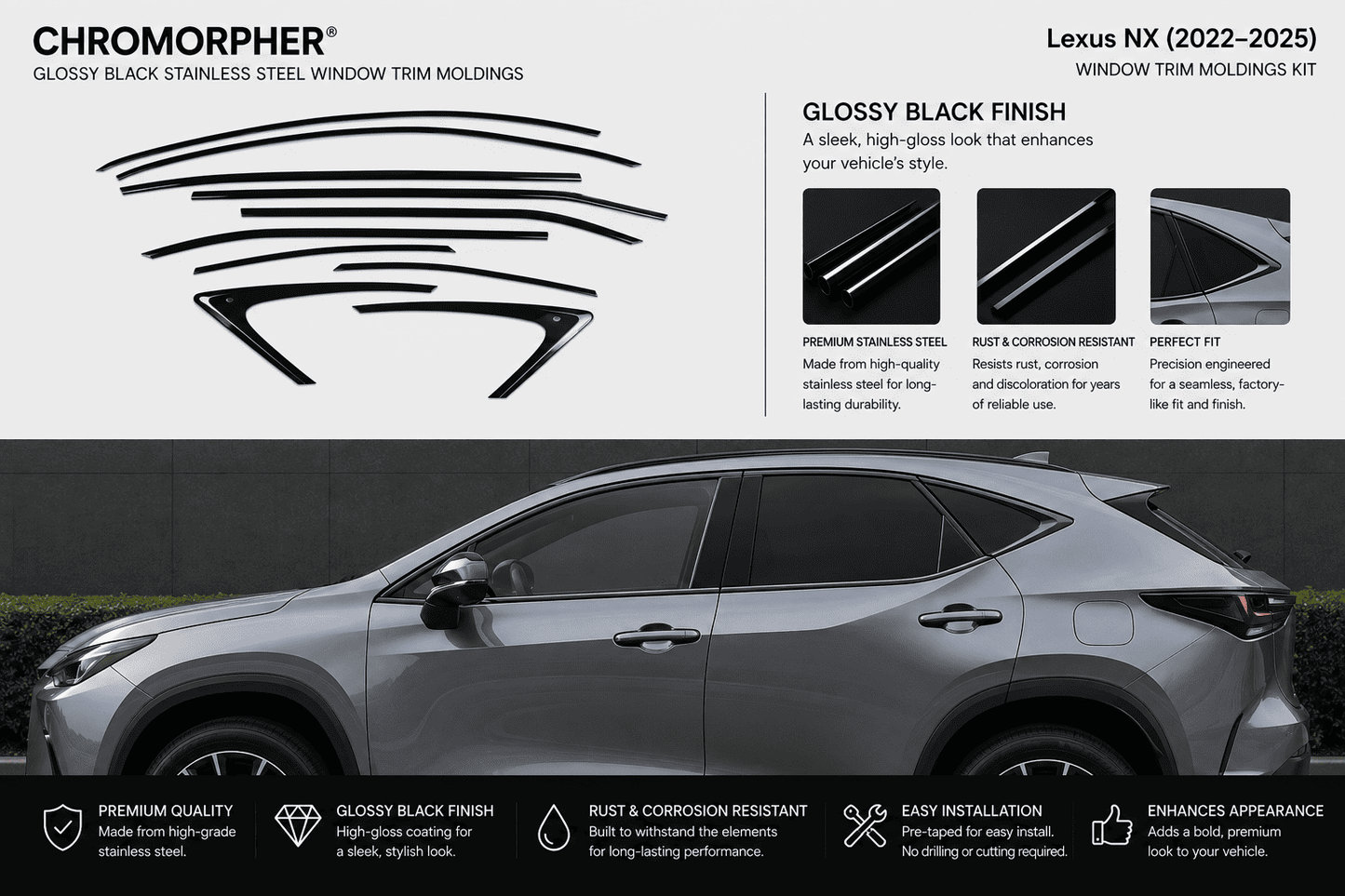 Promotional graphic for Chromorpher Lexus NX (2022-2025) window trim moldings. The top half features product information with black line drawings of the window molding pieces and text describing the glossy black finish.