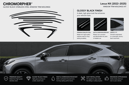 Promotional graphic for Chromorpher Lexus NX (2022-2025) window trim moldings. The top half features product information with black line drawings of the window molding pieces and text describing the glossy black finish.