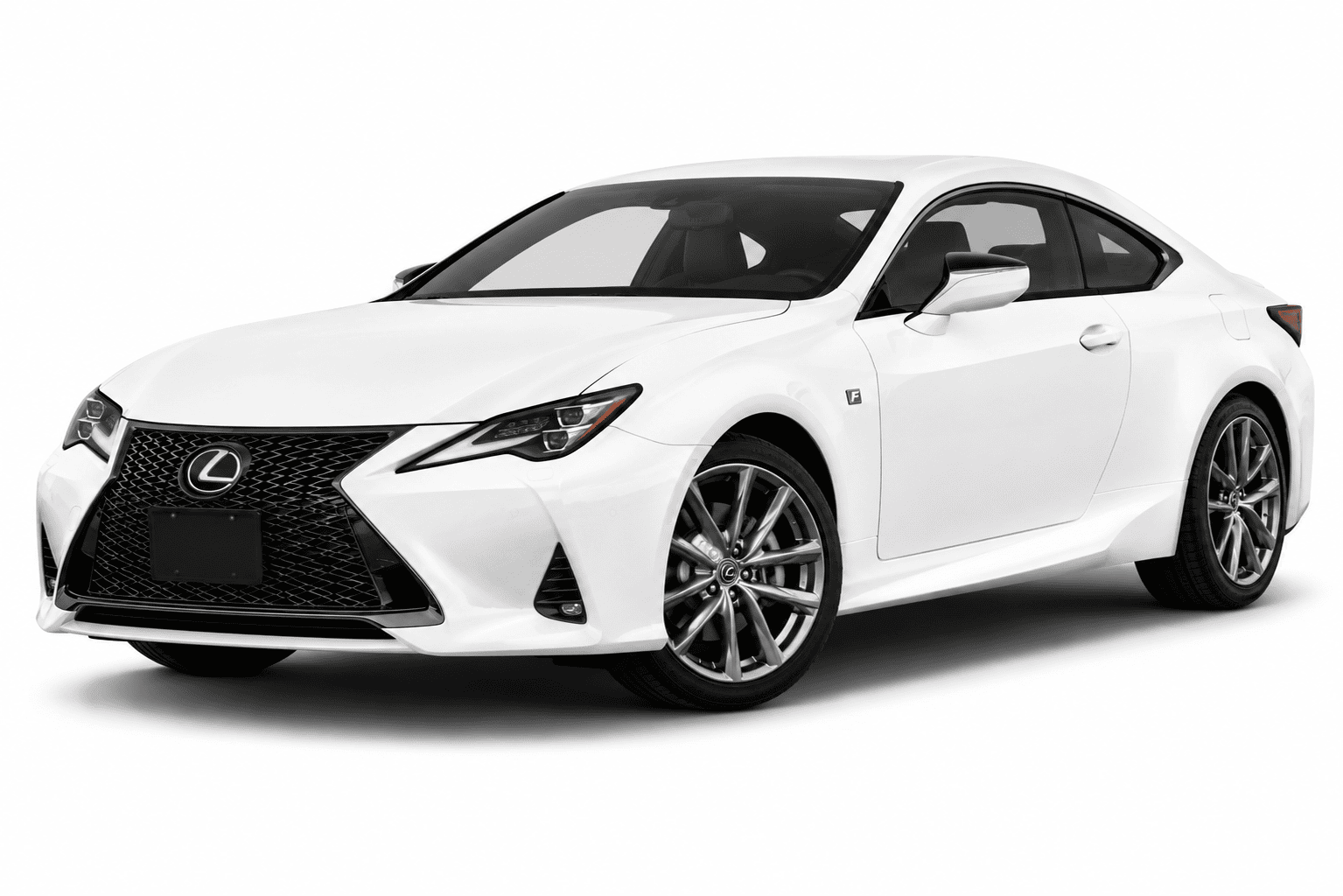 A white Lexus RC F coupe with a black grille and multi-spoke alloy wheels, photographed from a three-quarter front angle on a clean white background.