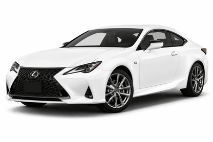 A white Lexus RC F coupe with a black grille and multi-spoke alloy wheels, photographed from a three-quarter front angle on a clean white background.