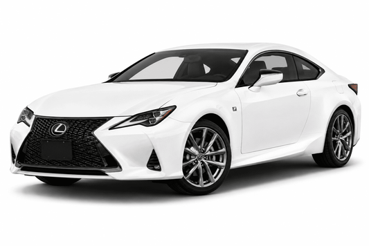 A white Lexus RC F coupe with a black grille and multi-spoke alloy wheels, photographed from a three-quarter front angle on a clean white background.