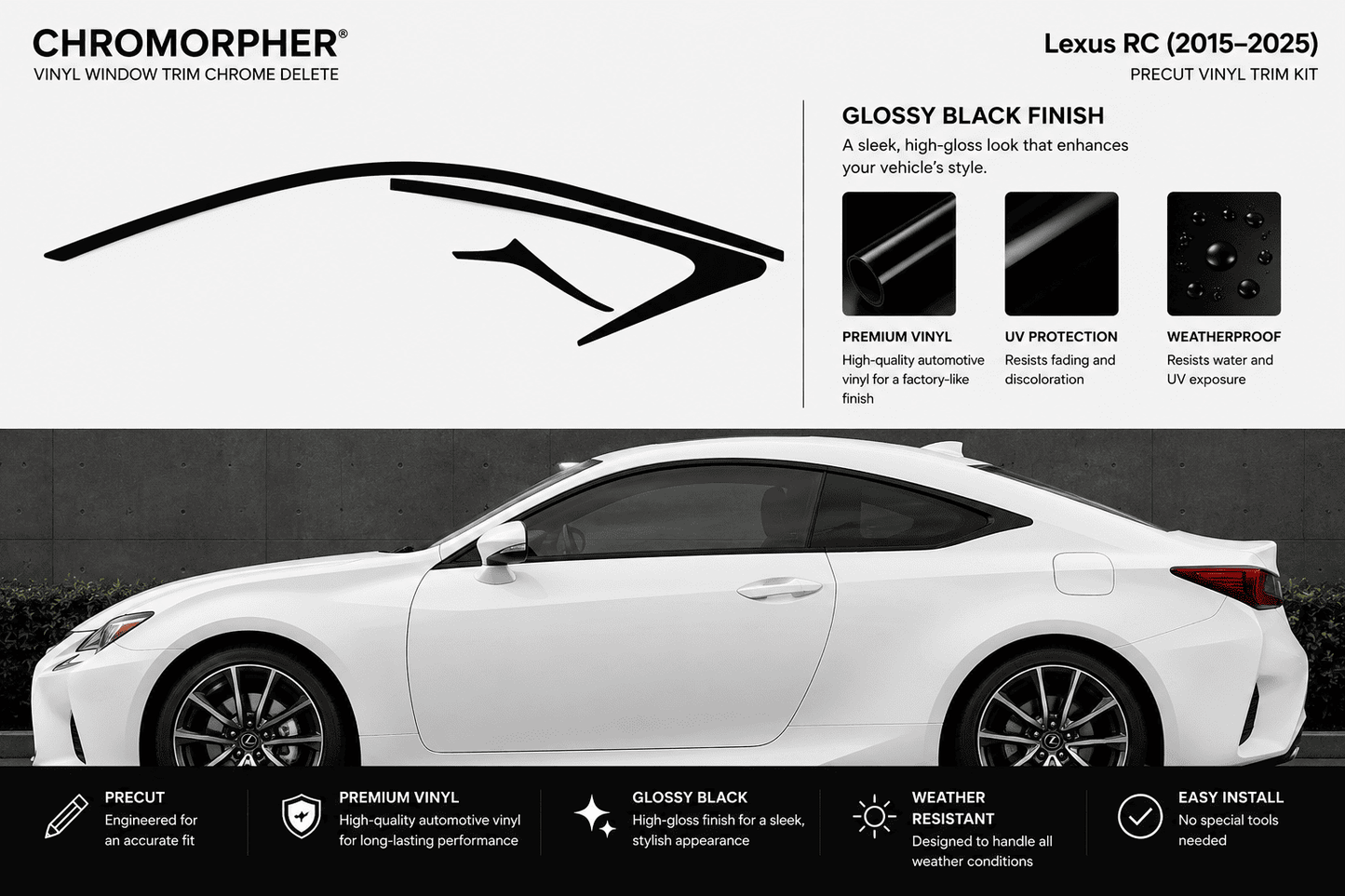 Chromorphor Lexus RC (2015-2025) Precut Vinyl Trim Kit in Glossy Black Finish, featuring a side profile of a white Lexus RC with black trim graphics and feature callouts.