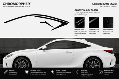 Chromorphor Lexus RC (2015-2025) Precut Vinyl Trim Kit in Glossy Black Finish, featuring a side profile of a white Lexus RC with black trim graphics and feature callouts.