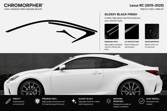 Chromorphor Lexus RC (2015-2025) Precut Vinyl Trim Kit in Glossy Black Finish, featuring a side profile of a white Lexus RC with black trim graphics and feature callouts.