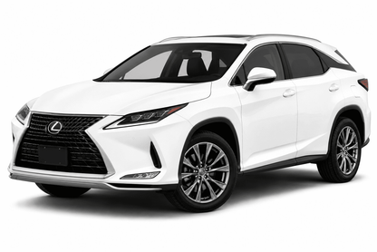 A white Lexus RX SUV photographed at a three-quarter front angle on a clean white studio background.