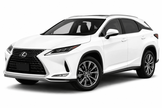 A white Lexus RX SUV photographed at a three-quarter front angle on a clean white studio background.