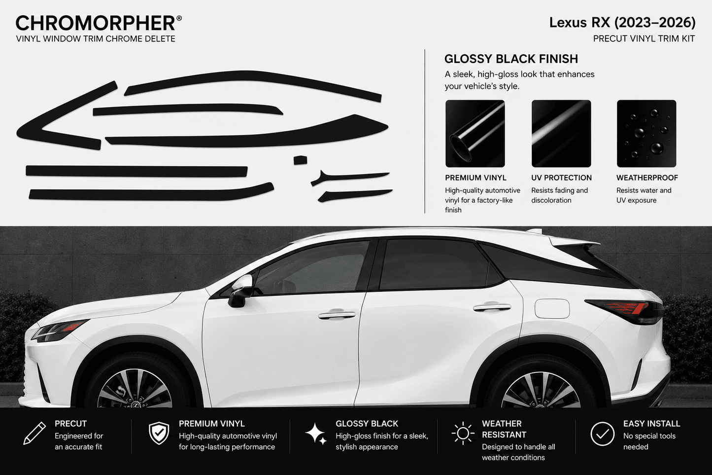 Chromorpher Lexus RX (2023-2026) Precut Vinyl Trim Kit in glossy black finish. The image features a white Lexus RX sedan on a dark gray background, with black vinyl trim pieces displayed on the top left and feature callouts on the right.