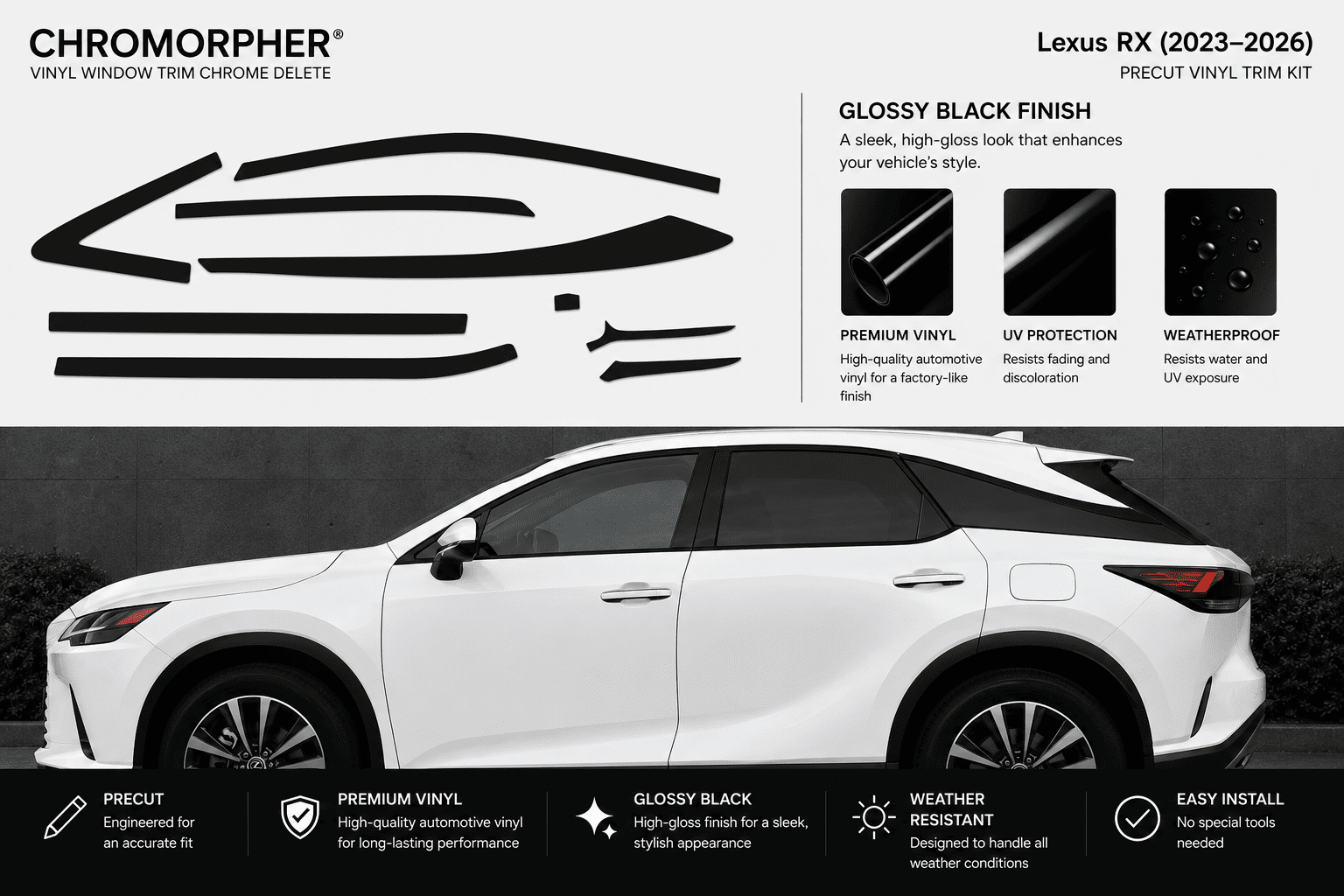 Chromorpher Lexus RX (2023-2026) Precut Vinyl Trim Kit in glossy black finish. The image features a white Lexus RX sedan on a dark gray background, with black vinyl trim pieces displayed on the top left and feature callouts on the right.