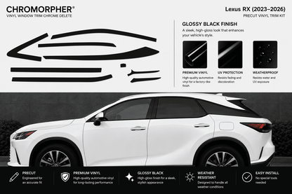Chromorpher Lexus RX (2023-2026) Precut Vinyl Trim Kit in glossy black finish. The image features a white Lexus RX sedan on a dark gray background, with black vinyl trim pieces displayed on the top left and feature callouts on the right.