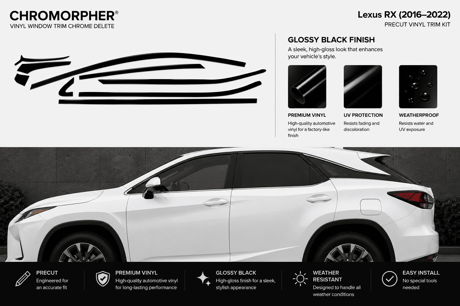 Chromorpher Lexus RX vinyl trim chrome delete kit graphic showing a white Lexus RX side profile with black trim graphics and feature callouts for glossy black finish, premium vinyl, UV protection, and weatherproof design.