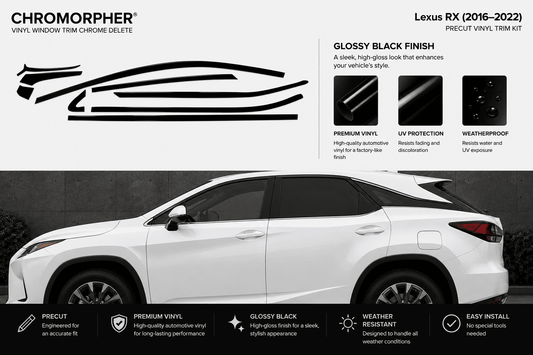 Chromorpher Lexus RX vinyl trim chrome delete kit graphic showing a white Lexus RX side profile with black trim graphics and feature callouts for glossy black finish, premium vinyl, UV protection, and weatherproof design.