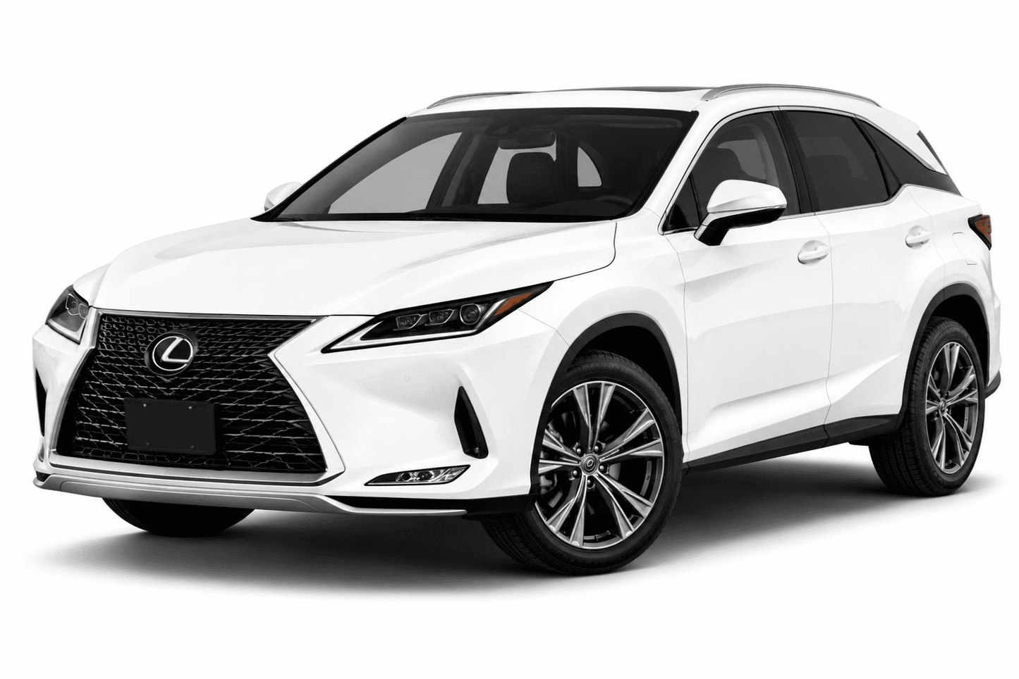 A white Lexus RX SUV photographed at a three-quarter front angle on a clean white studio background.