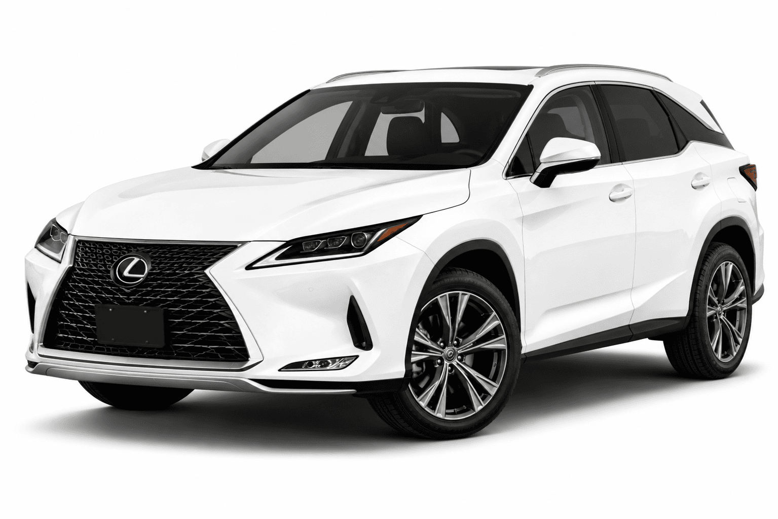 A white Lexus RX SUV photographed at a three-quarter front angle on a clean white studio background.