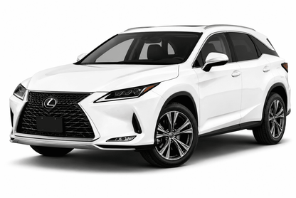 A white Lexus RX SUV photographed at a three-quarter front angle on a clean white studio background.