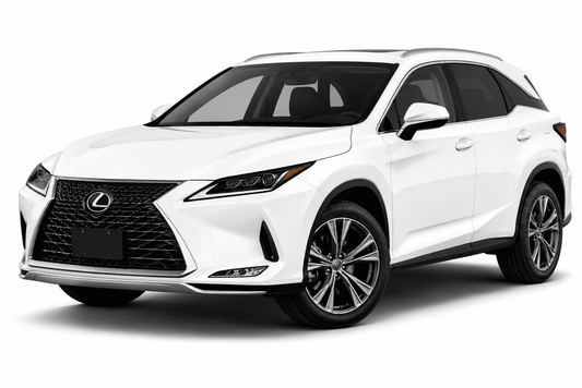A white Lexus RX SUV photographed at a three-quarter front angle on a clean white studio background.
