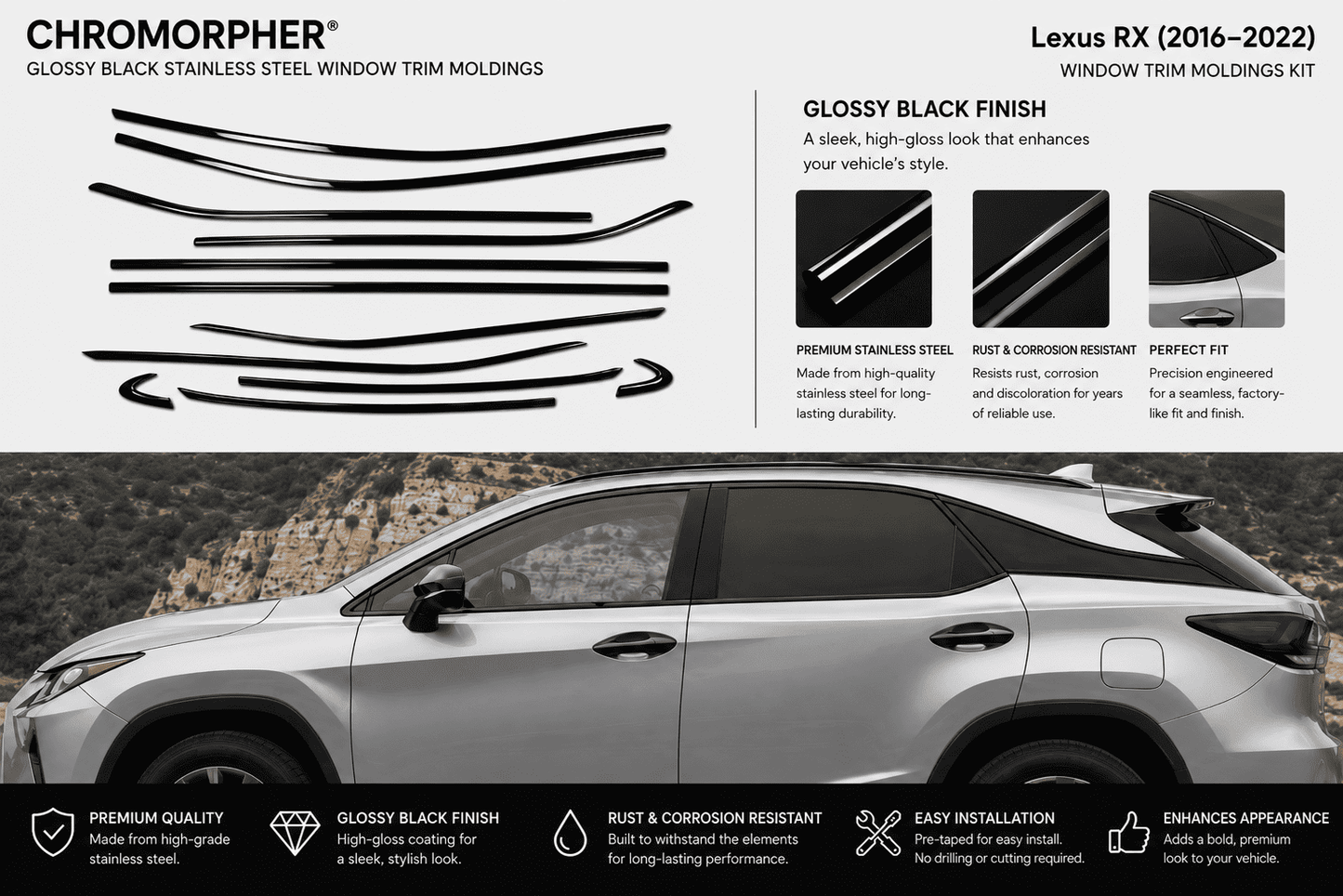 Chromorphor Lexus RX (2016-2021) window trim molding kit shown with multiple black trim pieces on a white background, alongside a silver Lexus RX car and feature callouts for glossy black finish, rust and corrosion resistance, and easy installation.