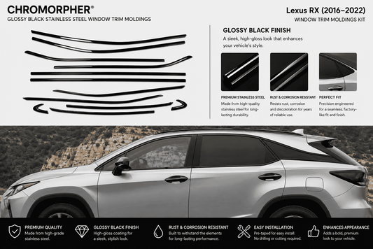 Chromorphor Lexus RX (2016-2021) window trim molding kit shown with multiple black trim pieces on a white background, alongside a silver Lexus RX car and feature callouts for glossy black finish, rust and corrosion resistance, and easy installation.