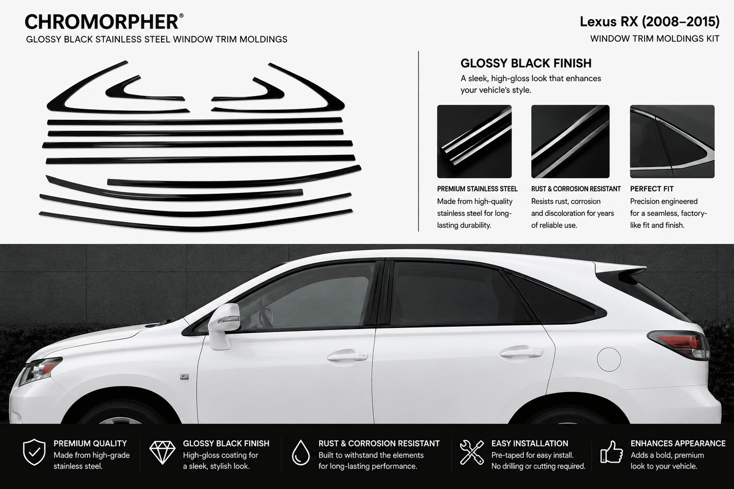 Promotional graphic for a Lexus RX (2008-2015) Chromorpher glossy black stainless steel window trim molding kit. The top half features black line drawings of the trim molding shape and three small inset photos showing the glossy black finish.