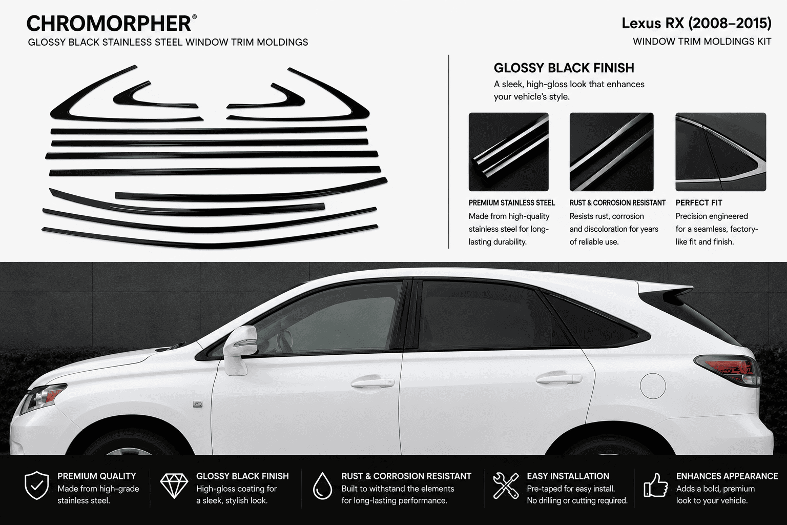 Promotional graphic for a Lexus RX (2008-2015) Chromorpher glossy black stainless steel window trim molding kit. The top half features black line drawings of the trim molding shape and three small inset photos showing the glossy black finish.