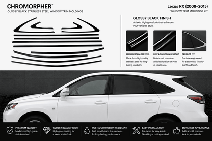 Promotional graphic for a Lexus RX (2008-2015) Chromorpher glossy black stainless steel window trim molding kit. The top half features black line drawings of the trim molding shape and three small inset photos showing the glossy black finish.