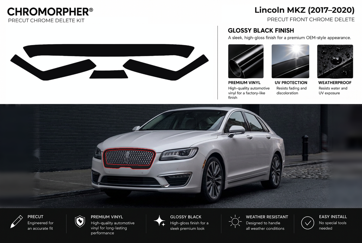 ChroMorpher Lincoln MKZ front precut chrome delete kit (2017–2020) showing the precut vinyl pieces and the trim area outlined in red.