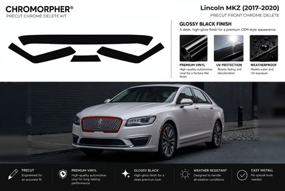 ChroMorpher Lincoln MKZ front precut chrome delete kit (2017–2020) showing the precut vinyl pieces and the trim area outlined in red.
