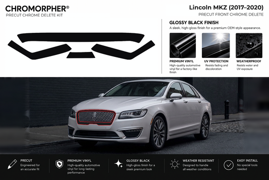 ChroMorpher Lincoln MKZ front precut chrome delete kit (2017–2020) showing the precut vinyl pieces and the trim area outlined in red.