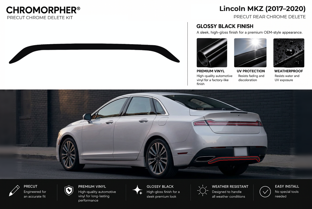 ChroMorpher Lincoln MKZ rear precut chrome delete kit (2017–2020) showing the precut vinyl pieces and the trim area outlined in red.