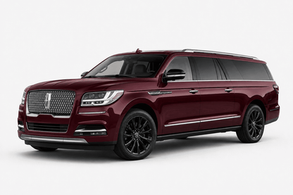 A luxury Lincoln Navigator minivan in a deep burgundy color, featuring a chrome front grille, black multi-spoke wheels, and tinted windows, shown from a three-quarter front angle on a light gray background.