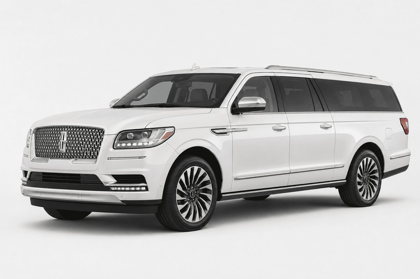 A white Lincoln Navigator minivan shown from a three-quarter front angle against a clean, light gray studio background.
