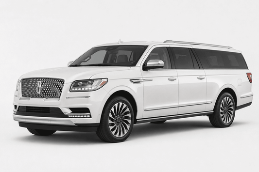 A white Lincoln Navigator minivan shown from a three-quarter front angle against a clean, light gray studio background.
