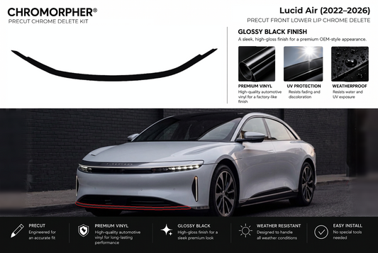 ChroMorpher Lucid Air front lower lip precut chrome delete kit (2022–2026) showing the precut vinyl pieces and the trim area outlined in red.