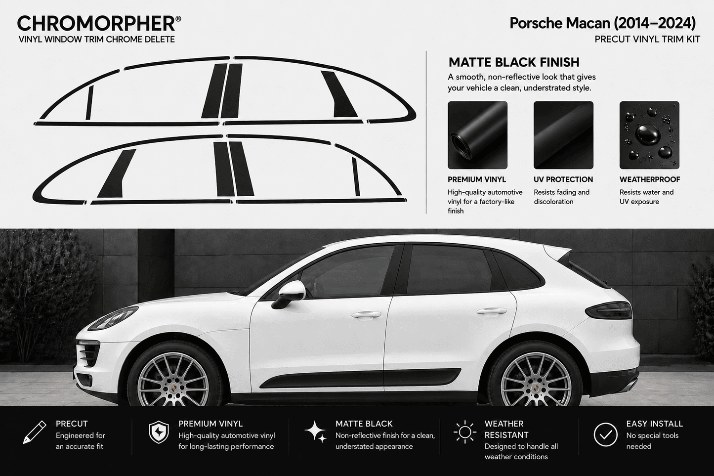 Porsche Macan vinyl window trim chrome delete decal kit shown with black decal pieces at the top and a black-and-white side view of a white Porsche Macan below, with feature callouts and installation benefits.