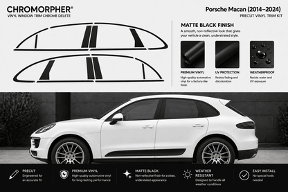 Porsche Macan vinyl window trim chrome delete decal kit shown with black decal pieces at the top and a black-and-white side view of a white Porsche Macan below, with feature callouts and installation benefits.