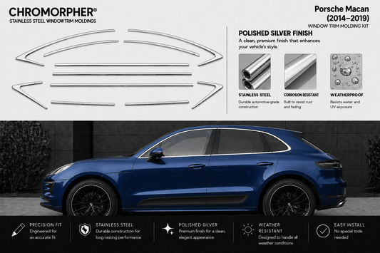 Porsche Macan window trim holding kit by Chromorpher, featuring polished silver stainless steel trim pieces shown on a white background above a blue Porsche Macan in a dark outdoor setting.
