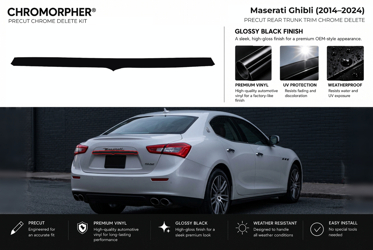 ChroMorpher Maserati Ghibli rear trunk trim precut chrome delete kit (2014–2024) showing the precut vinyl piece and the trim area outlined in red.