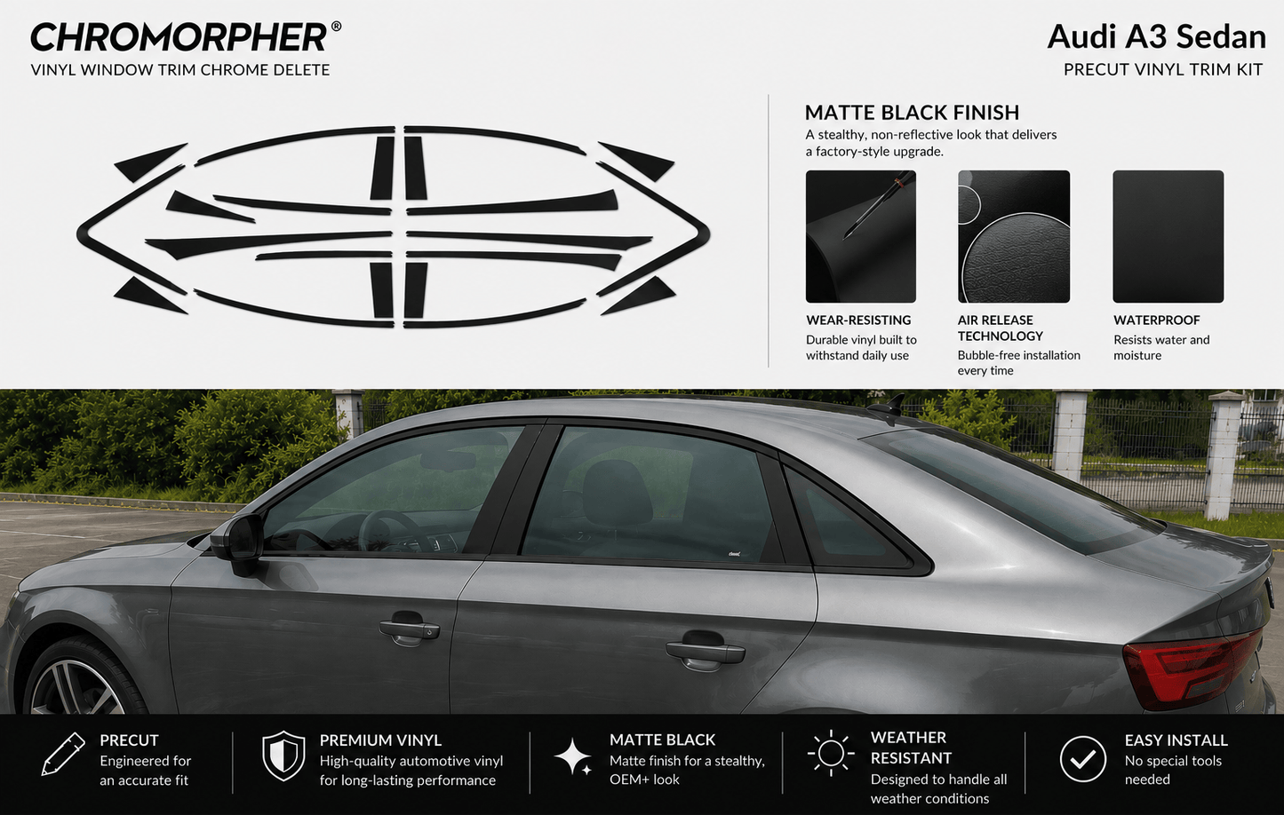 ChroMorpher Audi A3/S3 8V Window Trim Chrome Delete Kit (2013–2020) - ChroMorpher