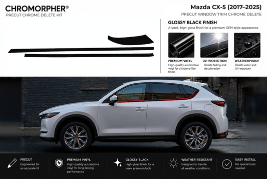 ChroMorpher Mazda CX-5 window trim precut chrome delete kit (2017–2025) showing the precut vinyl pieces and the trim area outlined in red.