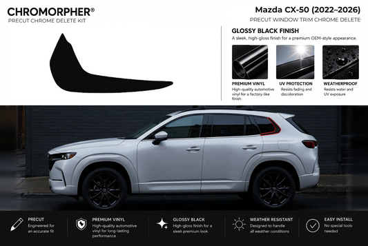 ChroMorpher Mazda CX-50 rear quarter window trim precut chrome delete kit (2022–2026) showing the precut vinyl pieces and the trim area outlined in red.