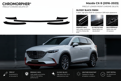 ChroMorpher Mazda CX-9 lower front precut chrome delete kit (2016–2023) showing the precut vinyl pieces and the trim area outlined in red.