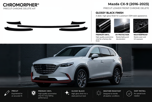 ChroMorpher Mazda CX-9 lower front precut chrome delete kit (2016–2023) showing the precut vinyl pieces and the trim area outlined in red.