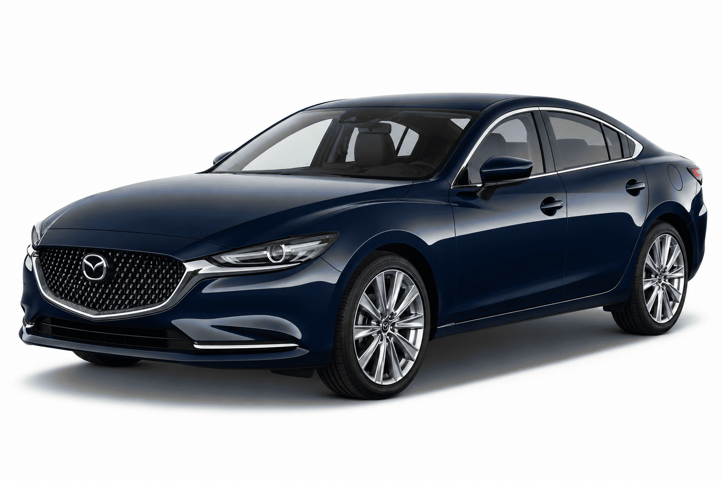 A dark blue Mazda sedan photographed at a three-quarter front angle on a clean white studio background.