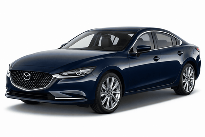 A dark blue Mazda sedan photographed at a three-quarter front angle on a clean white studio background.