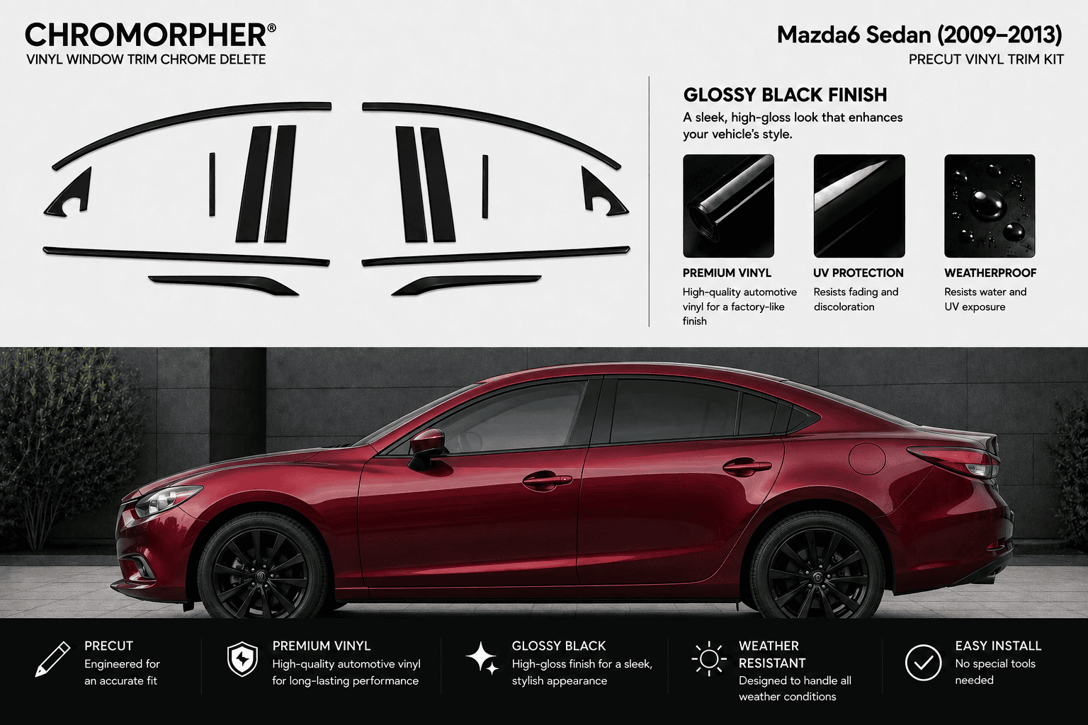 Chromorpher vinyl window trim chrome delete kit for a Mazda sedan (2009-2013), featuring a red car on a dark gray background with product diagrams and feature callouts.